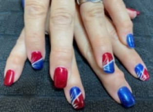 Red white and blue slanted nails
