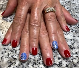 blue and red with stripping